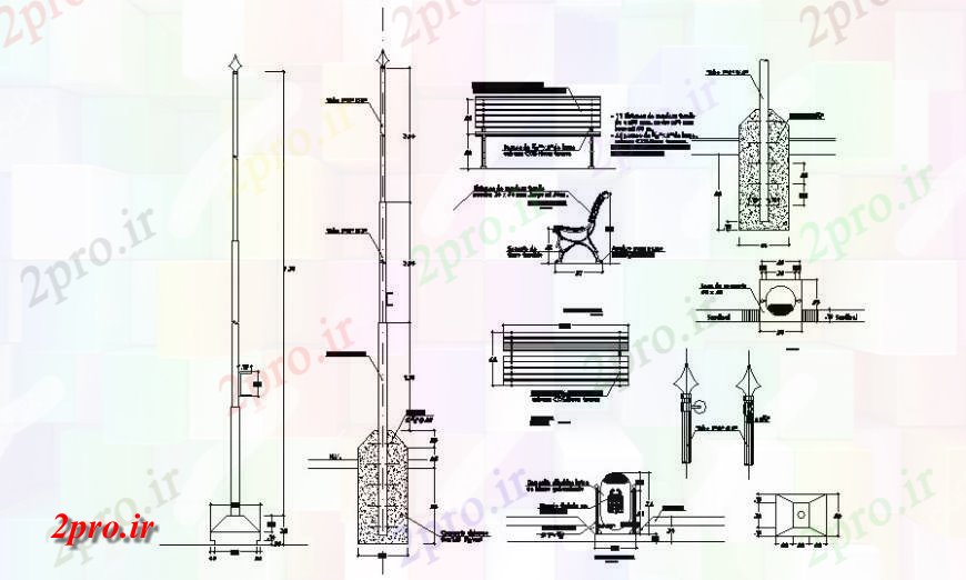 دانلود نقشه بلوک مبلمان قطب و جزئیات نیمکت    (کد115928)