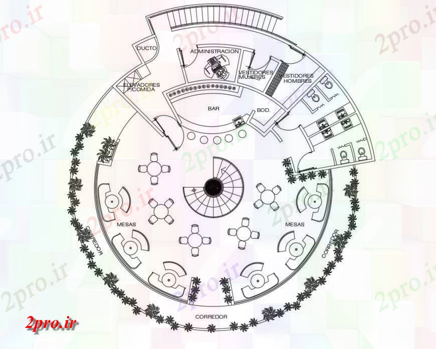 دانلود نقشه هتل - رستوران - اقامتگاه رستوران زیست محیطی دو بعدی جزئیات 31 در 31 متر (کد115934)