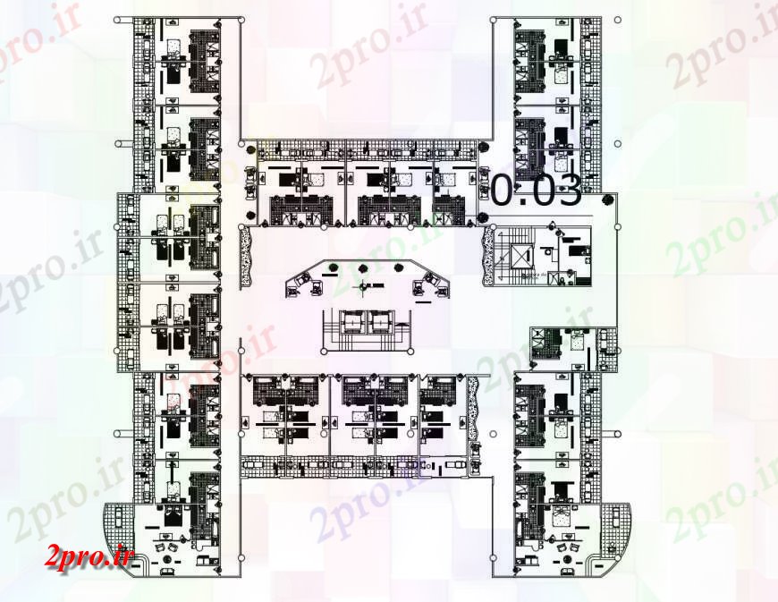 دانلود نقشه هتل - رستوران - اقامتگاه از 5 ستاره واحد جزئیات هتل دو بعدی 65 در 68 متر (کد115947)