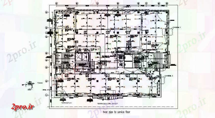 دانلود نقشه جزئیات لوله کشی لوله اب و هوای داخلی به طرحی طبقه خدمات در خودکار   (کد116033)