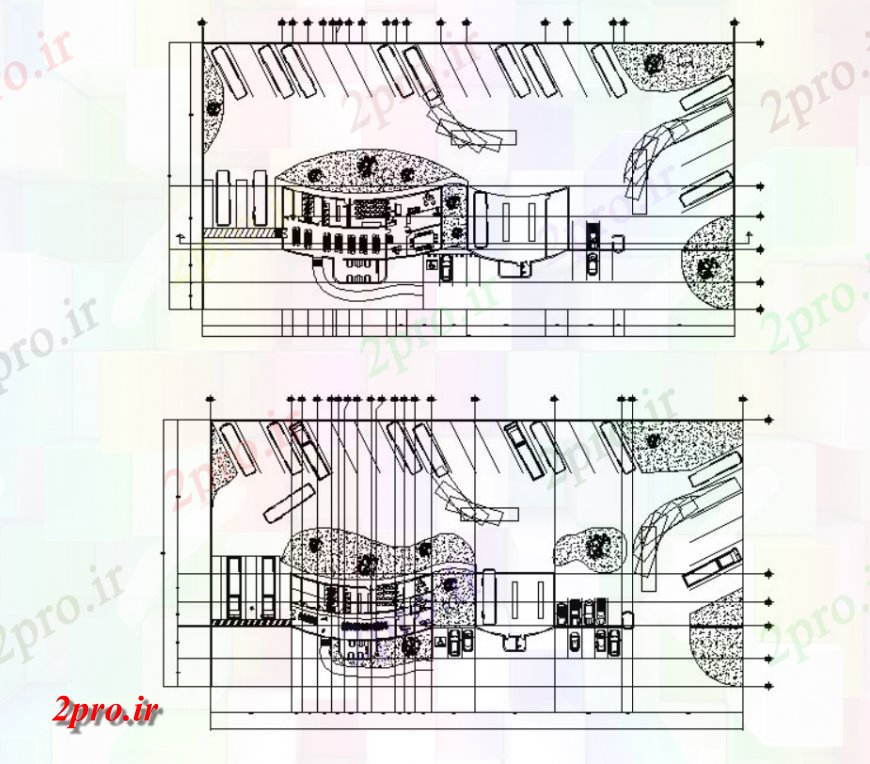 دانلود نقشه ساختمان دولتی ، سازمانی اتوبوس جزئیات دو بعدی ترمینال 15 در 30 متر (کد116229)