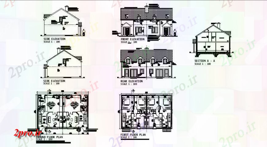 دانلود نقشه مسکونی  ، ویلایی ، آپارتمان  دو دان طرحی خانه نما و بخش  دو بعدی   (کد116235)