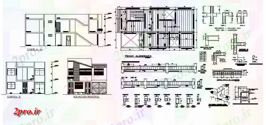 دانلود نقشه مسکونی ، ویلایی ، آپارتمان نما و جزئیات مقطعی از خانه دو بعدی 8 در 16 متر (کد116240)