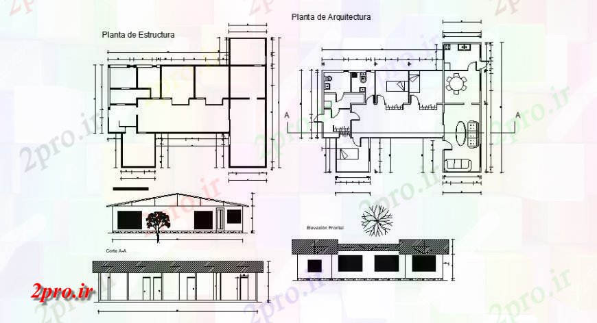 دانلود نقشه مسکونی ، ویلایی ، آپارتمان نما طرحی معماری و نمای مقطعی از خانه در خودکار 11 در 14 متر (کد116259)