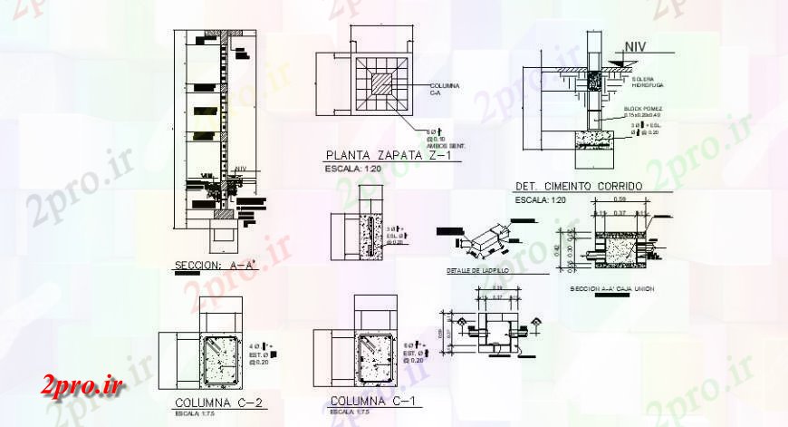 دانلود نقشه جزئیات ساخت و ساز ساختار ستون جزئیات واحد ساخت و ساز  دو بعدی   (کد116331)