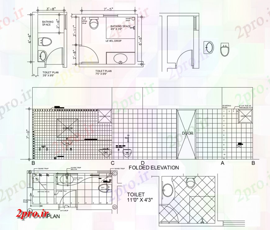 دانلود نقشه حمام مستر توالت دو بعدی طراحی جزئیات 9 در 10 متر (کد116367)