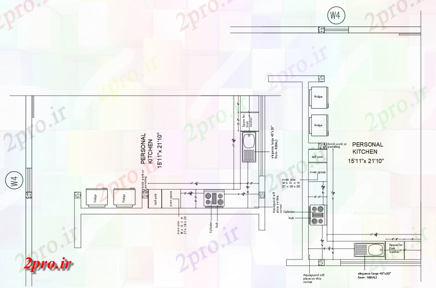 دانلود نقشه آشپزخانه از طراحی داخلی دو بعدی از آشپزخانه 4 در 7 متر (کد116375)