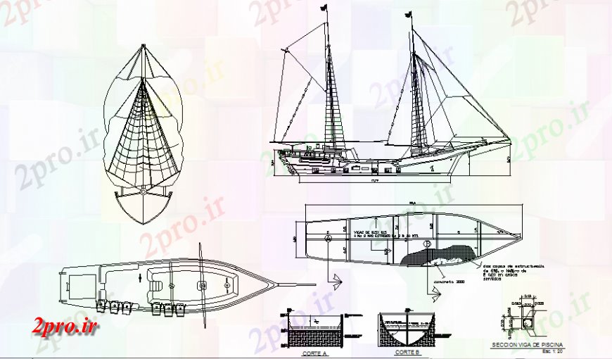 دانلود نقشه بلوک وسایل نقلیه قایق طرحی کلی نما و بخش  در   خودکار (کد116608)