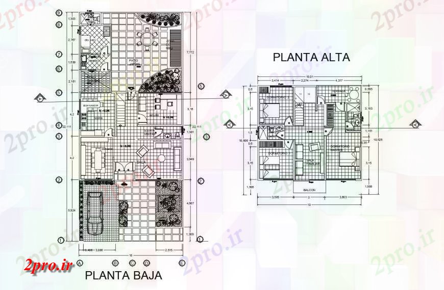 دانلود نقشه مسکونی ، ویلایی ، آپارتمان زمین و اولین جزئیات طرحی طبقه از دو طبقه خانه های مسکونی 10 در 10 متر (کد116720)