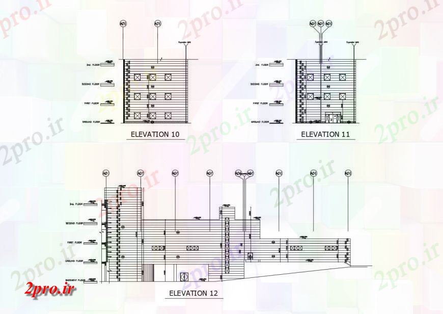 دانلود نقشه ساختمان اداری - تجاری - صنعتی جبهه جزئیات اصلی و برش سمت نما چند طبقه ساختمان شرکت های بزرگ (کد116723)