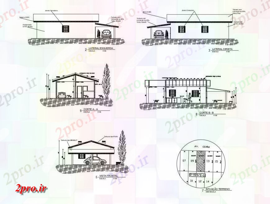 دانلود نقشه مسکونی ، ویلایی ، آپارتمان یکی سطح خانه همه نما و بخش طرفه 7 در 10 متر (کد116762)