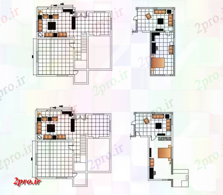 دانلود نقشه اتاق نشیمن ، حال ، پذیرایی طرحی اتاق طراحی خلاق با اتاق خواب متصل و مبلمان 11 در 11 متر (کد116840)