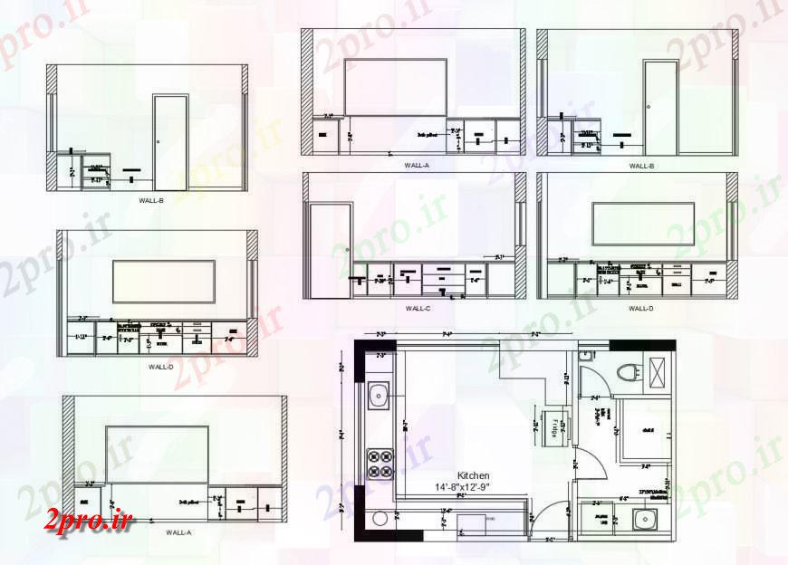 دانلود نقشه آشپزخانه خانه بخش های آشپزخانه، طرحی دیوار و طرحی با مبلمان  (کد116848)