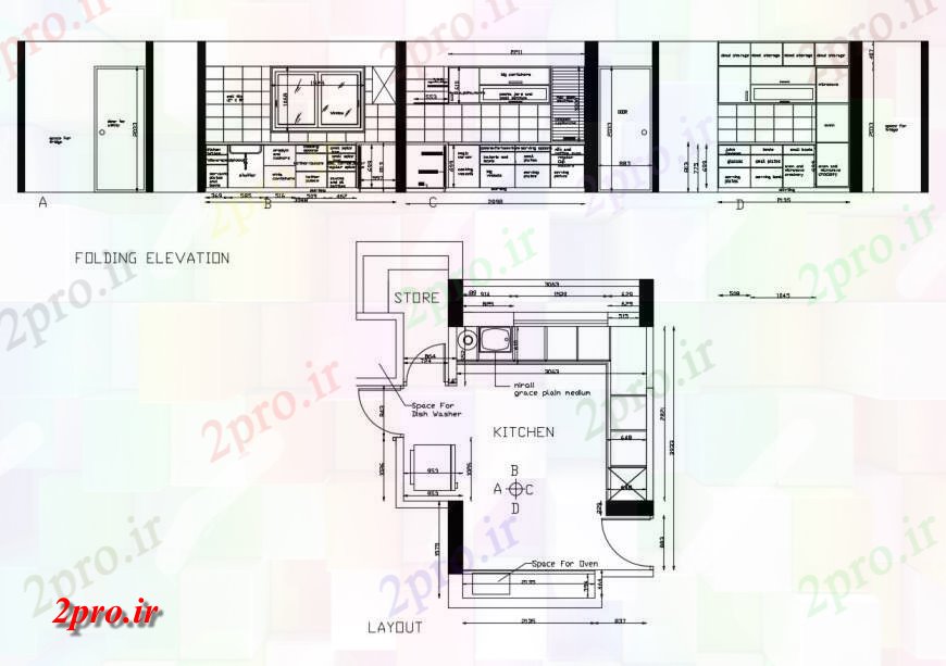 دانلود نقشه آشپزخانه آشپزخانه تاشو نما و طراحی جزئیات با اتاق فروشگاه (کد116852)