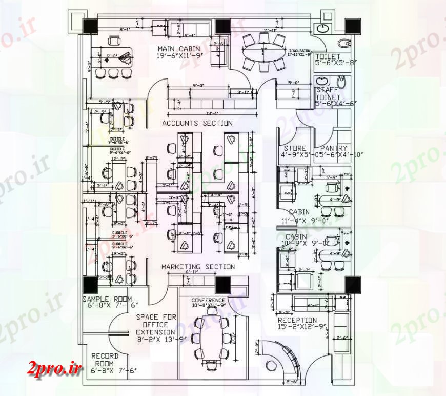 دانلود نقشه ساختمان اداری - تجاری - صنعتی طراحی معماری دفتر مدیریت با مبلمان 48 در 66 متر (کد116876)