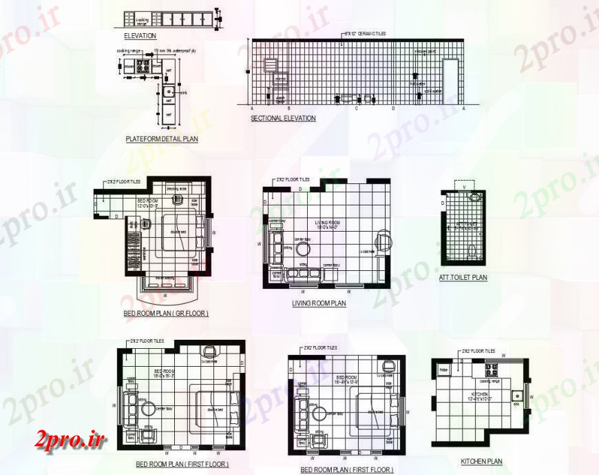 دانلود نقشه حمام مستر اتاق خواب مقطعی نما، طرح، آشپزخانه و خودکار (کد116892)