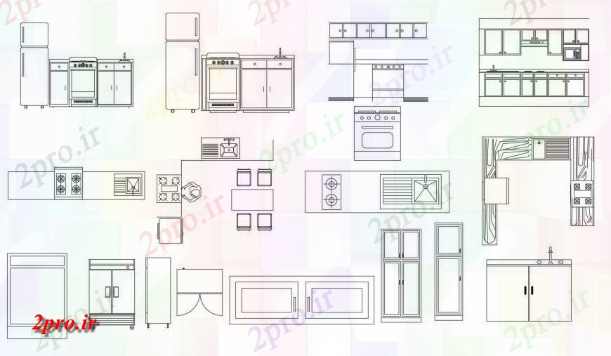 دانلود نقشه آشپزخانه آشپزخانه طرحی خانه، بلوک های مبلمان و تجهیزات الکتریکی طراحی جزئیات  (کد116934)