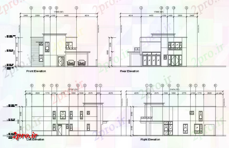 دانلود نقشه مسکونی ، ویلایی ، آپارتمان مقابل ویلای مسکونی، چپ، ر و عقب سمت نما طراحی جزئیات 10 در 17 متر (کد116945)