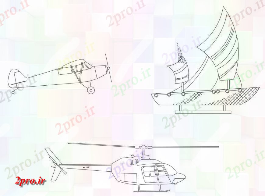 دانلود نقشه بلوک های حمل و نقل هلیکوپتر پویا، بادبان قایق و نما هواپیما بلوک  (کد116996)