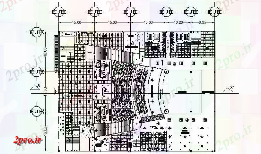 دانلود نقشه تئاتر چند منظوره - سینما - سالن کنفرانس - سالن همایشسالن برنامه کاری ساختمان 50 در 65 متر (کد117062)