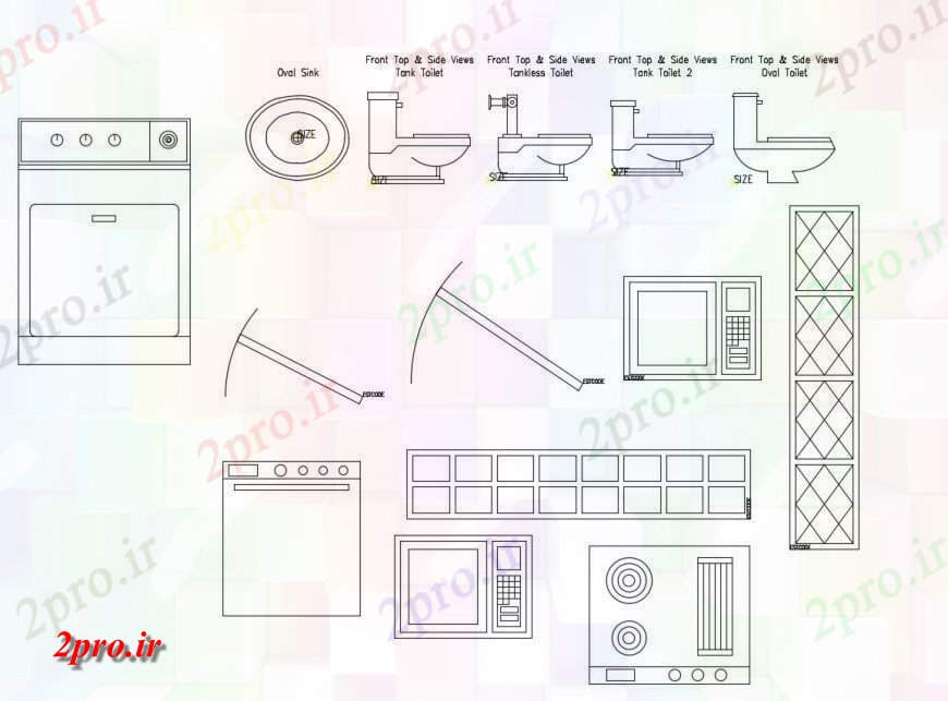 دانلود نقشه طراحی مبلمان آشپزخانه تجهیزات آشپزخانه و ورق توالت بلوک های متعدد  (کد117078)