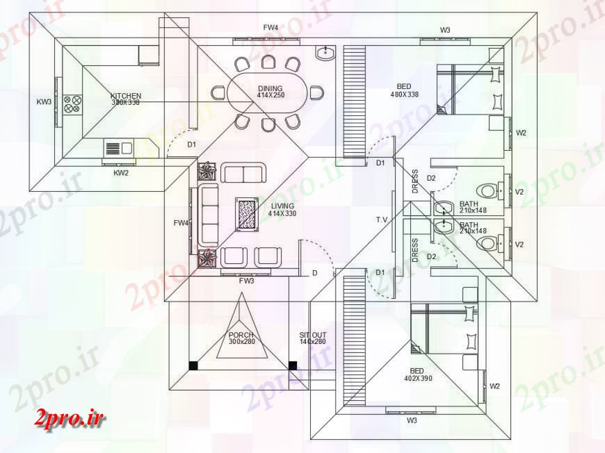 دانلود نقشه مسکونی ، ویلایی ، آپارتمان طراحی خانه دو خوابه با مبلمان 11 در 14 متر (کد117079)