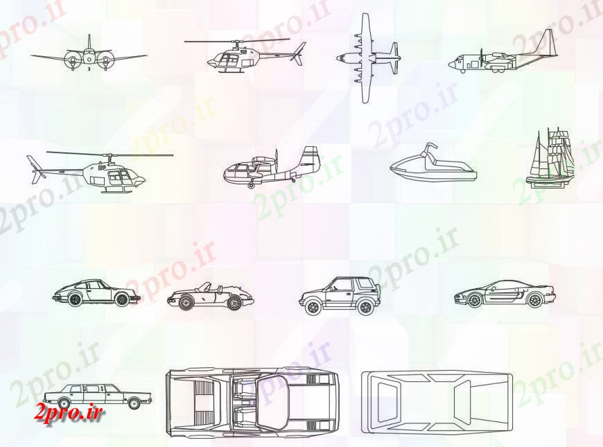 دانلود نقشه بلوک وسایل نقلیه اتومبیل های متعدد و بلوک های نما خودرو هوا دو بعدی  جزئیات (کد117096)