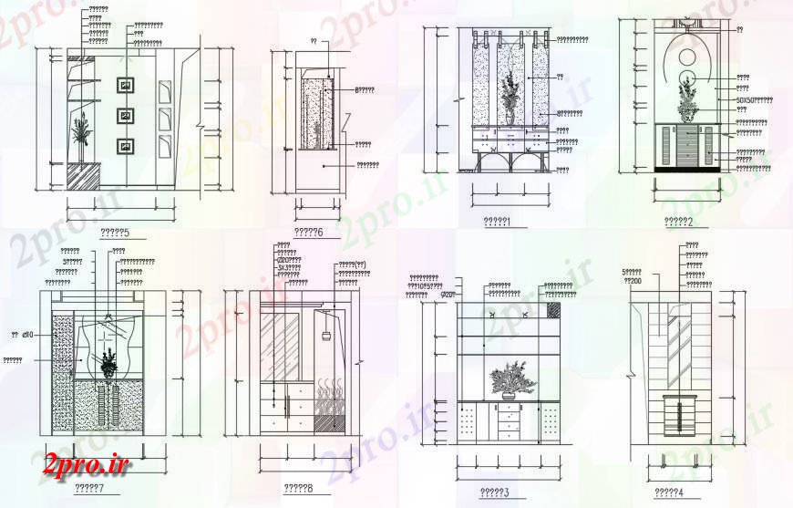 دانلود نقشه طراحی و مبلمان اتاقورودی جدول سمت نما، بخش و خودکار اتاق (کد117107)