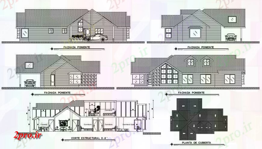 دانلود نقشه مسکونی ، ویلایی ، آپارتمان همه نما طرفه و جزئیات نمای مقطعی از کلبه خانه 9 در 18 متر (کد117127)