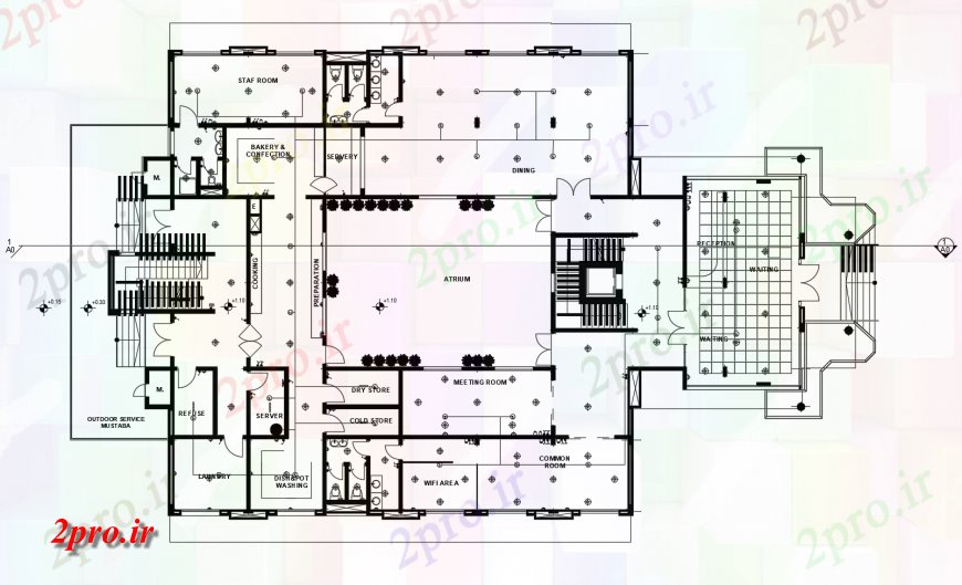 دانلود نقشه هتل - رستوران - اقامتگاه محلی رستوران طرحی معماری طرح 24 در 36 متر (کد117156)