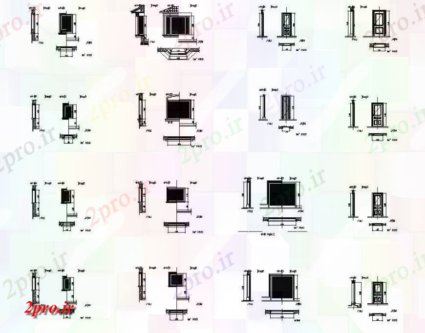 دانلود نقشه جزئیات طراحی در و پنجره  درب های متعدد و پنجره نما و نصب و راه اندازی طراحی جزئیات  (کد117196)