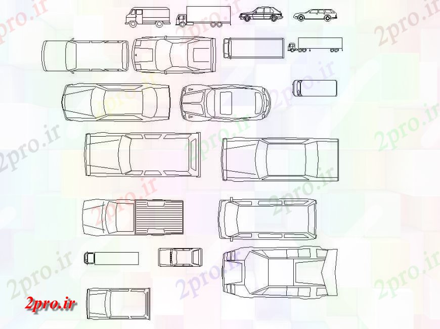 دانلود نقشه بلوک وسایل نقلیه اتومبیل های متعدد و نما کامیون بلوک دو بعدی   (کد117222)