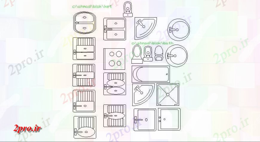 دانلود نقشه بلوک های بهداشتی غرق پویا، ورق توالت و بلوک های تجهیزات بهداشتی  (کد117226)