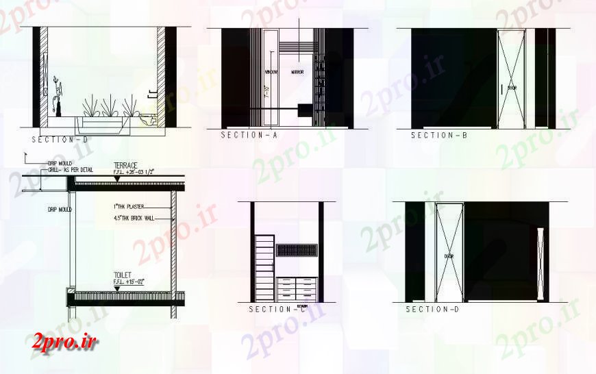 دانلود نقشه حمام مستر خانه نما توالت، بخش نصب و راه اندازی و 6 در 17 متر (کد117237)