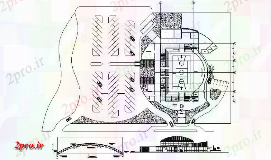دانلود نقشه ورزشگاه ، سالن ورزش ، باشگاه جزئیات طراحی منطقه ورزشی در اتوکد 55 در 60 متر (کد117250)