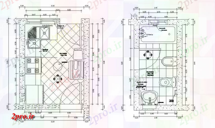 دانلود نقشه مسکونی ، ویلایی ، آپارتمان حمام و آشپزخانه طرحی جزئیات از خانه 2 در 3 متر (کد117279)