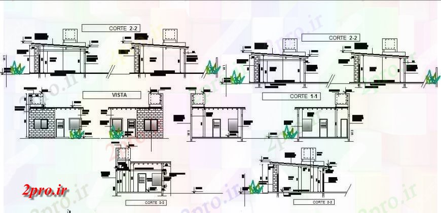 دانلود نقشه مسکونی ، ویلایی ، آپارتمان نما اصلی و تمام طرفه جزئیات مقطعی از خانه 6 در 6 متر (کد117294)