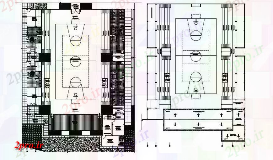 دانلود نقشه ورزشگاه ، سالن ورزش ، باشگاه ورزش بازی جزئیات منطقه طراحی در اتوکد 34 در 47 متر (کد117375)