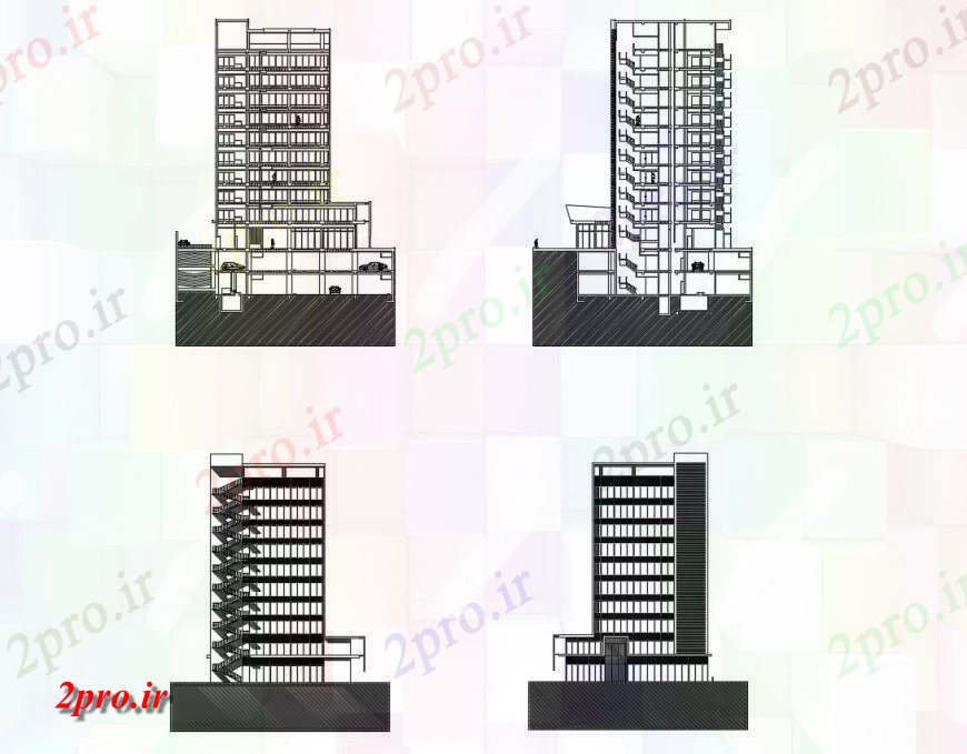 دانلود نقشه ساختمان اداری - تجاری - صنعتی دفتر شرکت چند طبقه ساختمان نما و بخش  (کد117419)
