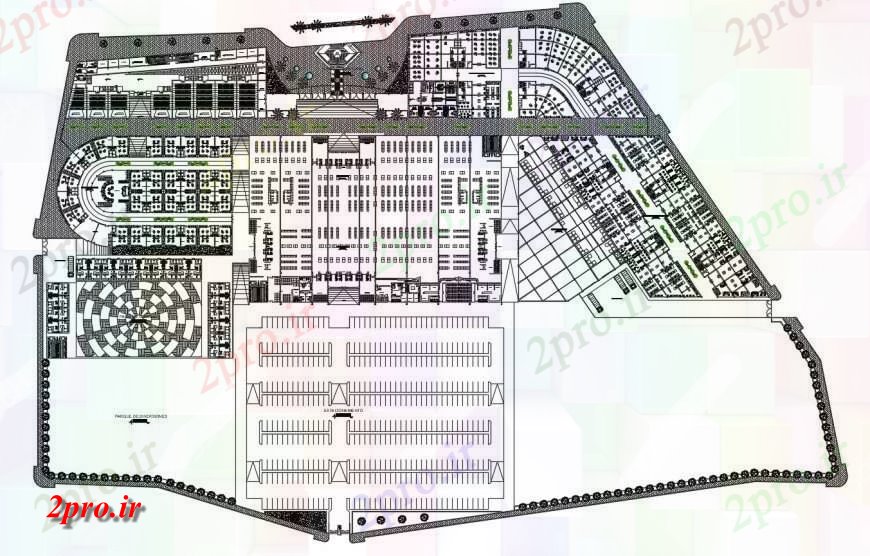 دانلود نقشه هایپر مارکت - مرکز خرید - فروشگاه خرید تجاری توزیع پیچیده طراحی های 202 در 368 متر (کد117444)