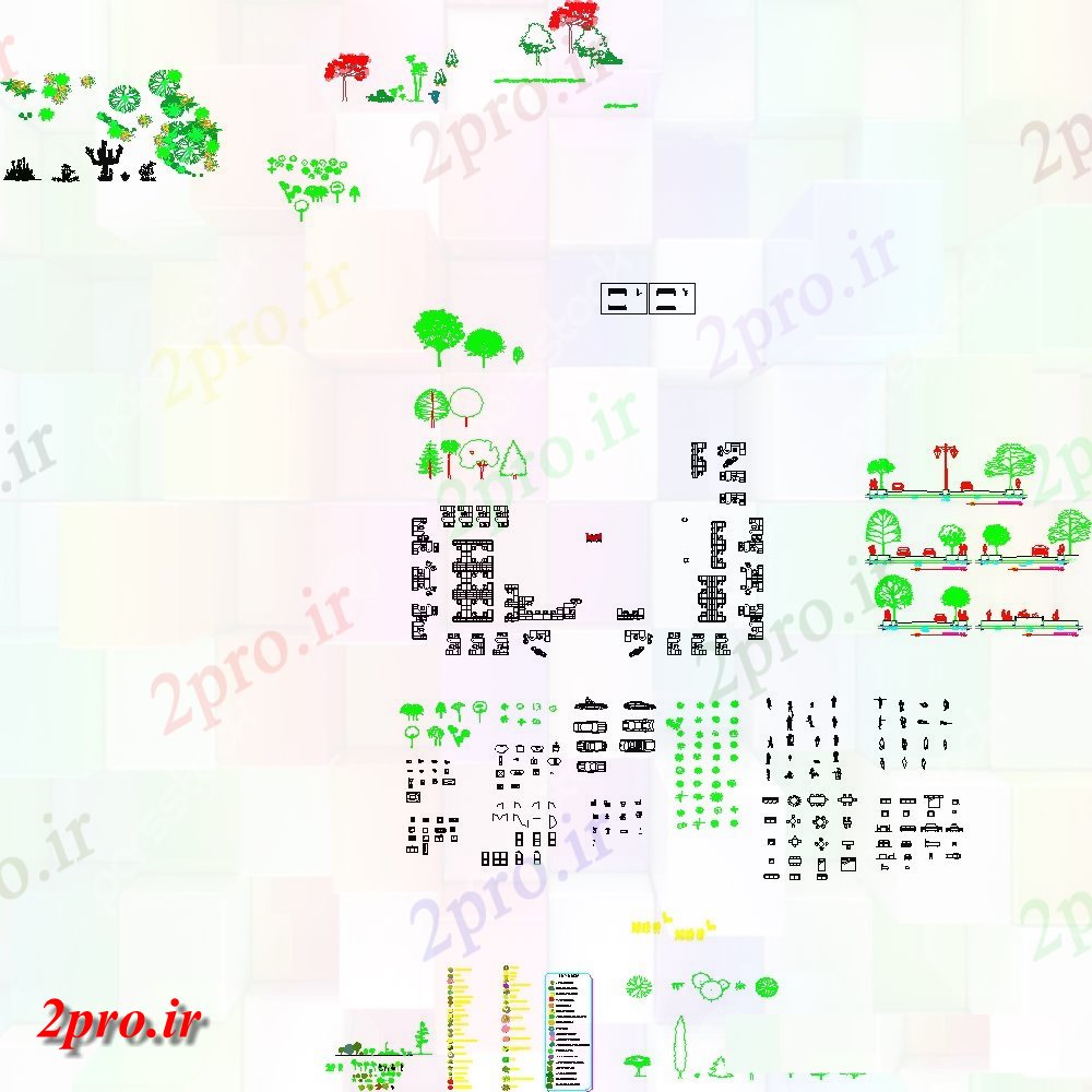 دانلود نقشه درختان و گیاهان مختلف واحد بلوک محوطه و شبکه های جاده  (کد117457)