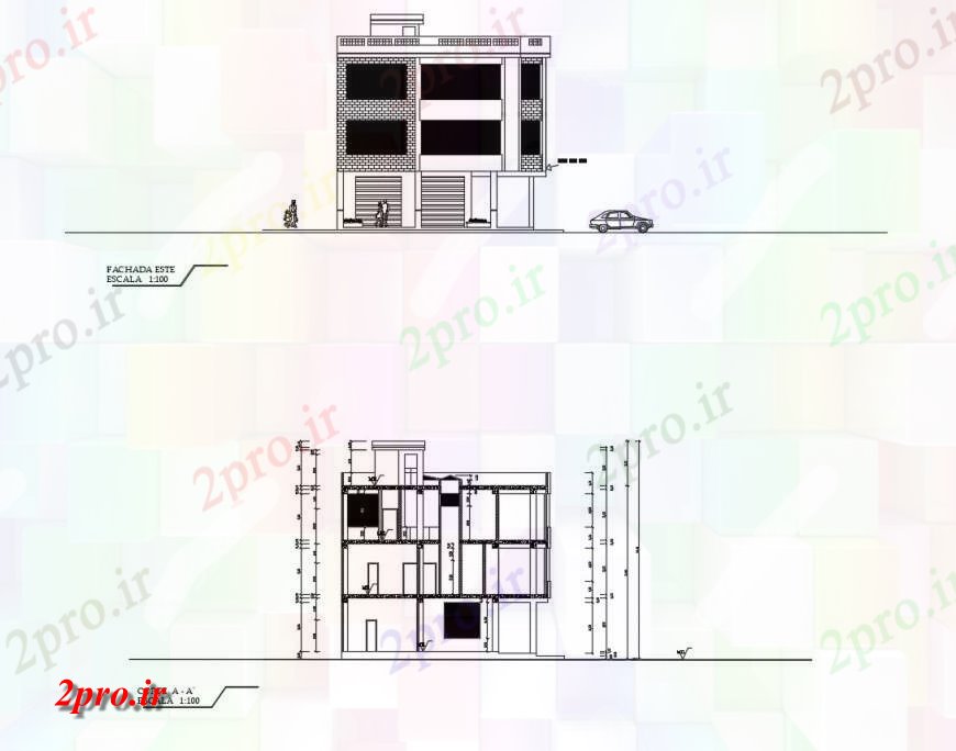 دانلود نقشه مسکونی ، ویلایی ، آپارتمان سه خانه دان نما اصلی و بخش 14 در 15 متر (کد117469)