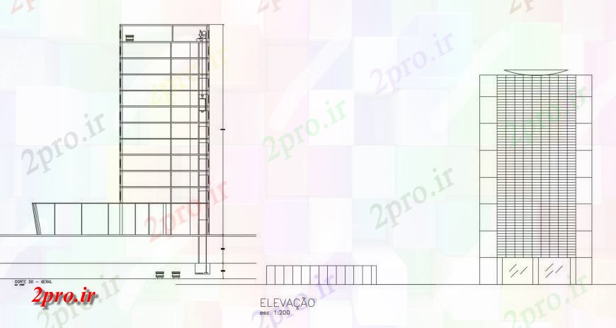 دانلود نقشه ساختمان اداری - تجاری - صنعتی ساختمان شرکت مقابل چند طبقه و نما 26 در 35 متر (کد117486)