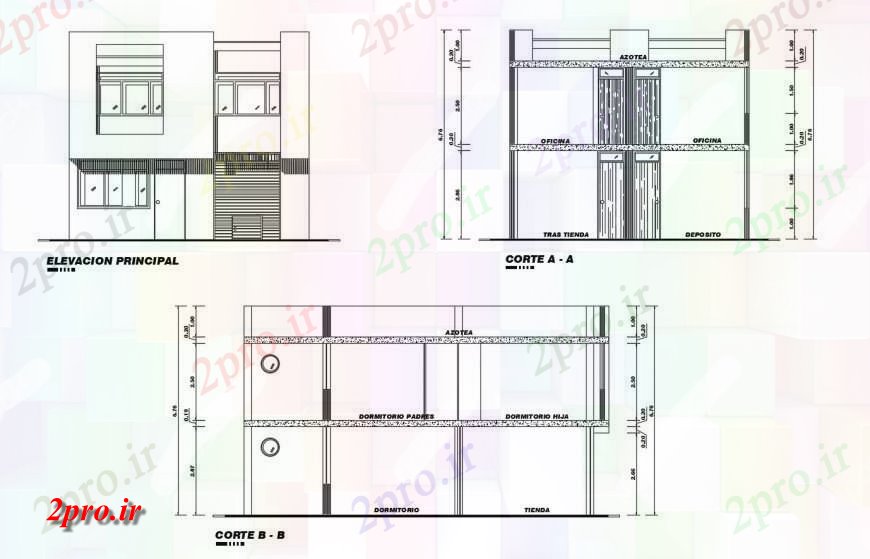 دانلود نقشه مسکونی ، ویلایی ، آپارتمان نما اصلی، بخش و جزئیات تماس مقطعی از خانه با فروشگاه 7 در 11 متر (کد117497)