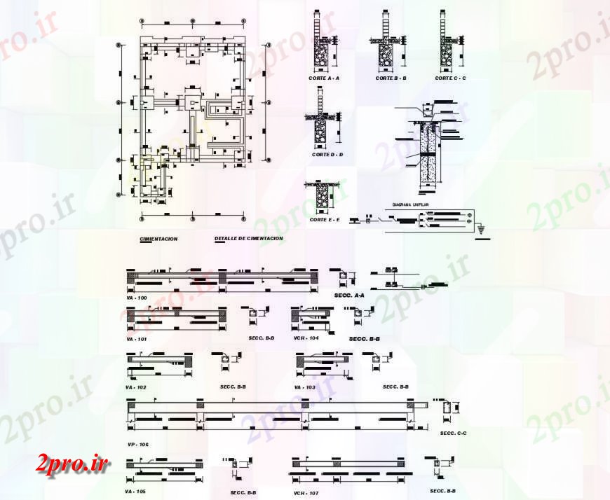 دانلود نقشه طراحی جزئیات ساختار بنیاد جزئیات ساختار طرحی با ستون، تیر و مبنایی  (کد117500)