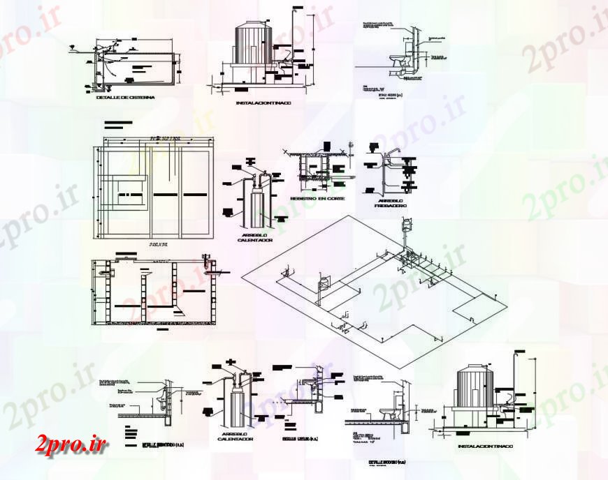 دانلود نقشه جزئیات لوله کشی مخزن آب ایزومتریک طرح، نما، بخش و لوله کشی طراحی جزئیات  (کد117587)