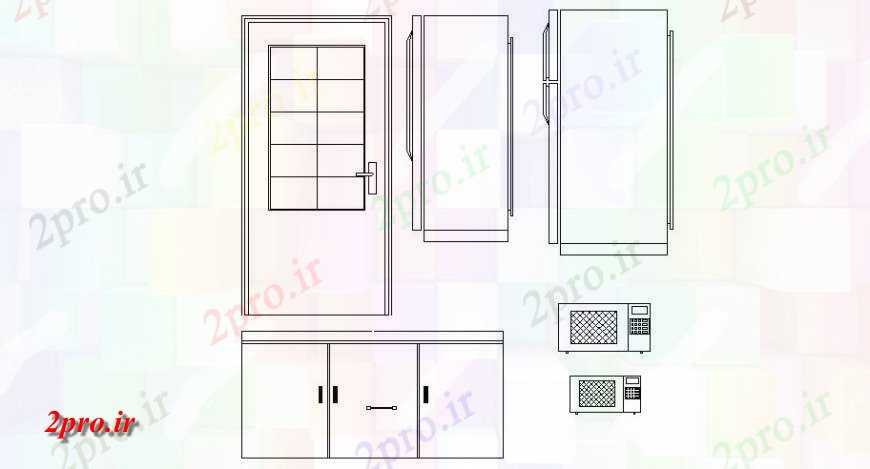 دانلود نقشه بلوک ، آرام ، نماد یخچال و اجاق گاز و کابینت و غیره آشپزخانه 11 در 21 متر (کد117629)