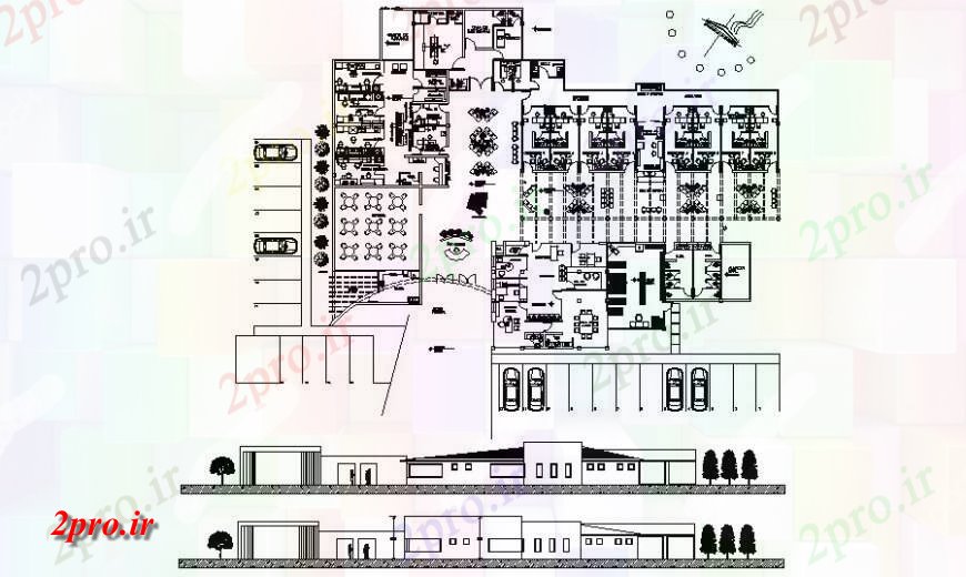 دانلود نقشه ساختمان دولتی ، سازمانی برنامه کاری ساختمان عمومی و نما 32 در 47 متر (کد117685)