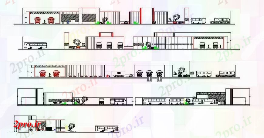 دانلود نقشه ساختمان دولتی ، سازمانی ترمینال اتوبوس ساخت تمام نما طرفه و بخش طراحی جزئیات 15 در 30 متر (کد117765)