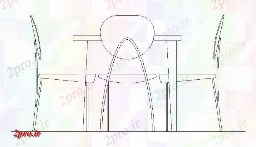 دانلود نقشه بلوک ، آرام ، نماد طراحی از جدول با  3 صندلی  که شامل یک نمای جلو از میز و صندلی (کد117835)